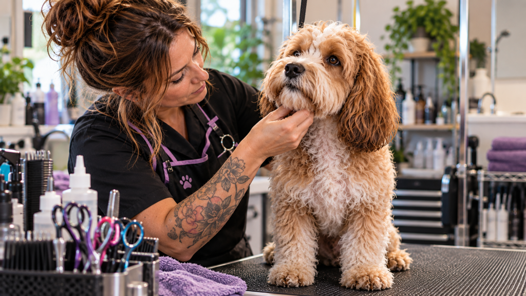 Professional dog groomer examining a dog before beginning the grooming appointment
