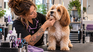 Professional dog groomer examining a dog before beginning the grooming appointment